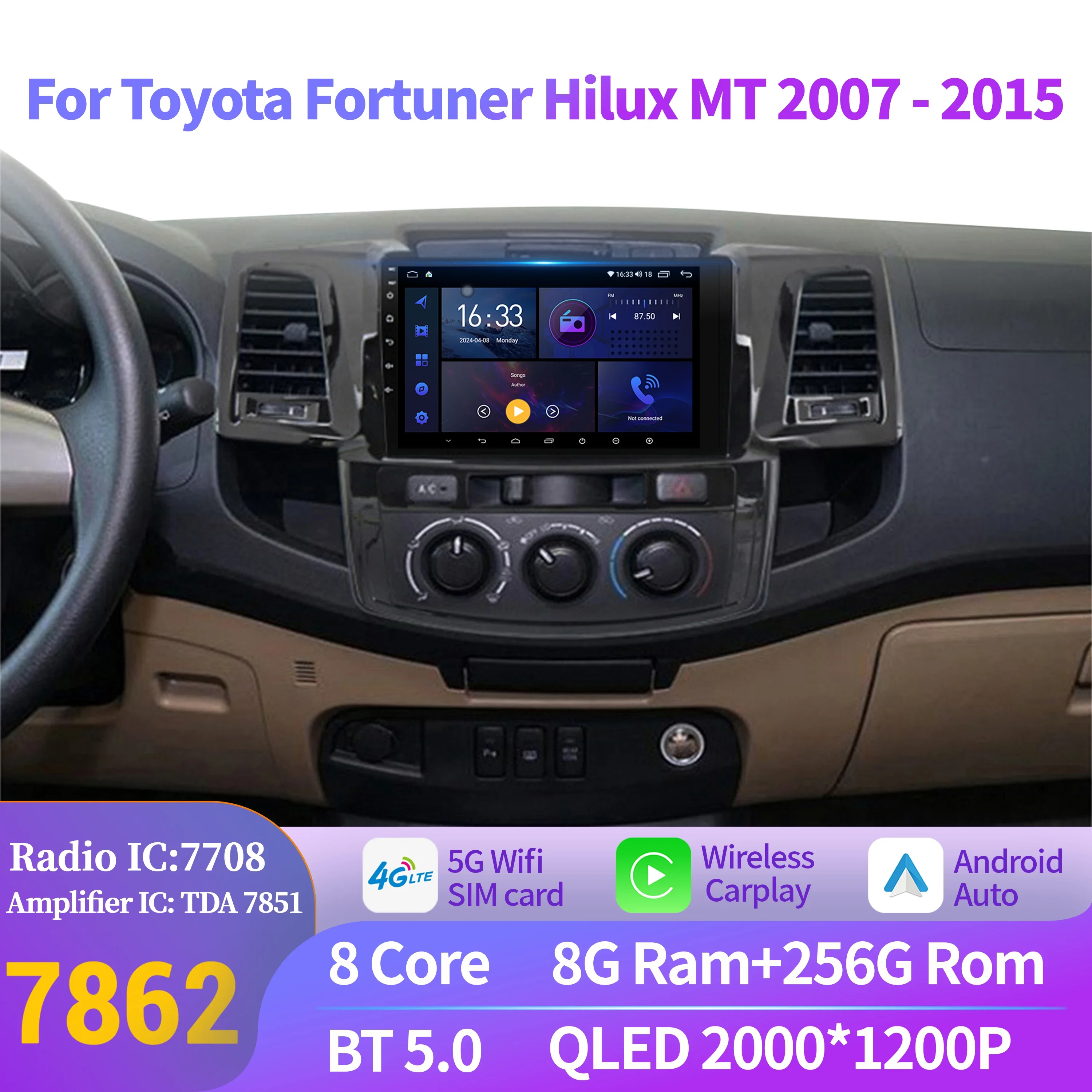 

Android 14 Car Radio For Toyota Fortuner Hilux MT 2007-2015 Multimedia Navigation GPS Wireless Bluetooth Carplay Head Unit Scree