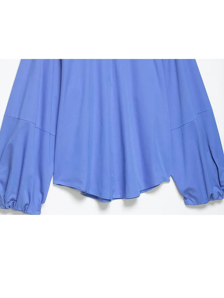 HH Damesmode Vintage Poplin-shirt met ronde hals en ballonmouwen Vrouwelijke High Street Casual Rits Lange mouw Pullover Tops Mujer