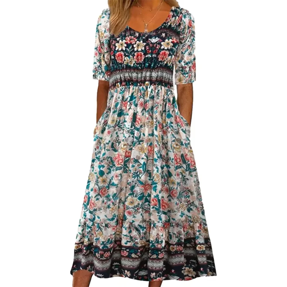 2026 Sommer Neues Damenkleid mit Rundhalsausschnitt, Kurzen Ärmeln und Langem Rock im Boho-Stil für Europa und die USA – Detail 4