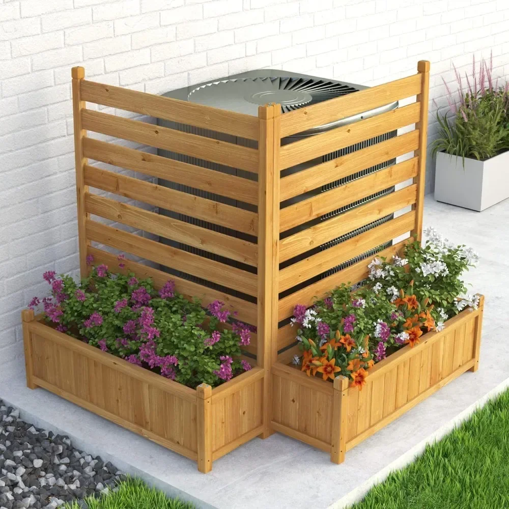 Air Conditioner Fence Outdoor Wood Privacy Screen with Planter Box for Trash Can Pool Equipment No-Dig Kit