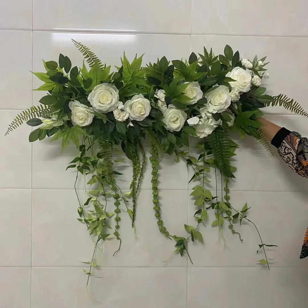 أبيض أخضر معلق زهرة صف الطابق الأزهار DIY بها بنفسك الزفاف مرحلة الديكور الزهور الاصطناعية قوس الورد الخضرة ديكور المنزل الطرف #6