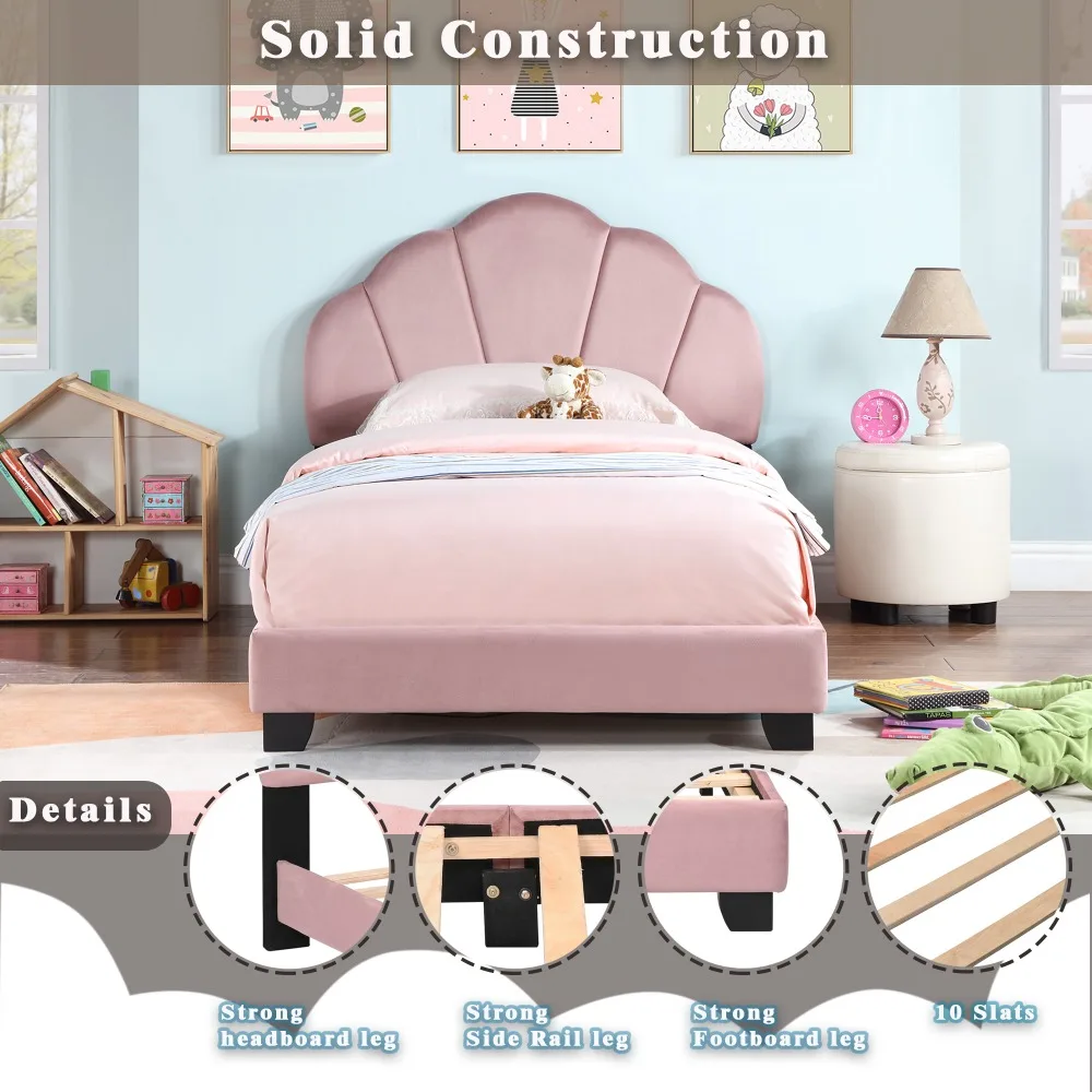 Upholstered Twin Size Platform for Kids, Wooden Bed Frame with Slatted  Base, Cute Bed Frame with Shell Design Headboard