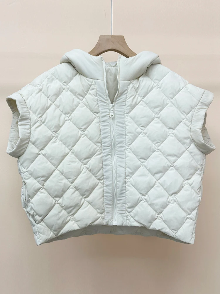 Casual Warm Hooded sleeveless vest 2024 Autumn winter Quilted down jacket Short waistcoat Black Beige Clothing INKEO dj066