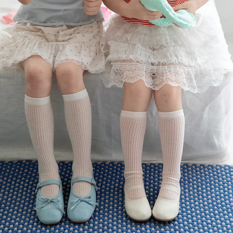 Summer ultra-thin girls' medium tube socks vertical pattern meat-permeable light-colored baby stockings sunscreen