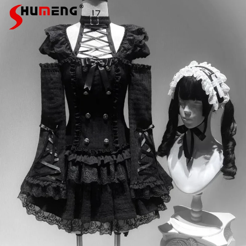 

Japanese Gothic Doll Sense Lace Slim Fit Low Waist Cake Layer OP Dress Elegant Dark Lolita Princess Dresses Women's Daily Wear
