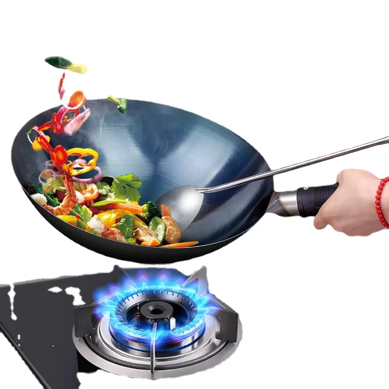 32/34cm Seasoning Blue Iron Wok Uncoated Nonstick Pot Lightweight Classic Chef Wok Outdoor Kitchen Cookware for Gas Stove