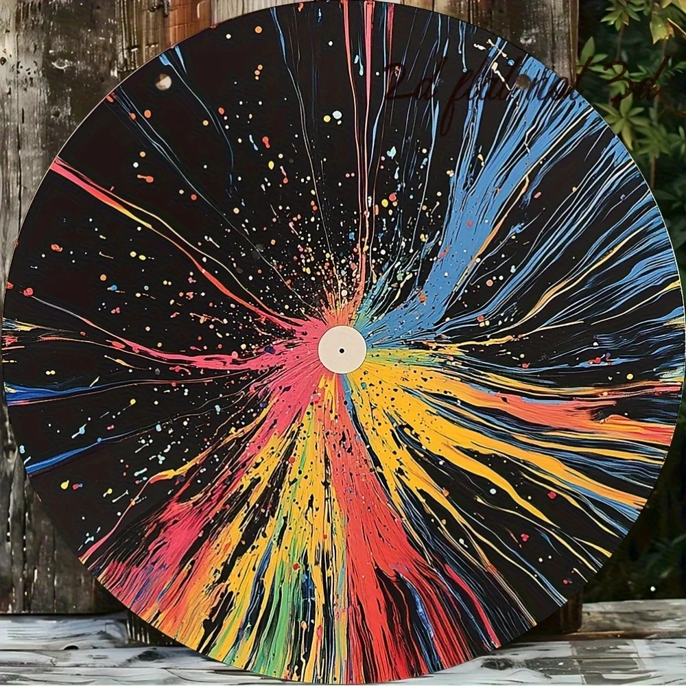Letrero de metal de aluminio plano 2D, 1 pieza grande, 8 x 8 pulgadas (20 x 20 cm), decoración de discos de vinilo vintage con diseño de salpicaduras colorido en azul,