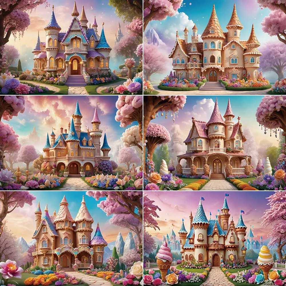 

MOON.QG Fairy Castle Birthday Background Photography Underwater Spring Cherry Trees Photozone Backdrop Children Studio Photocall