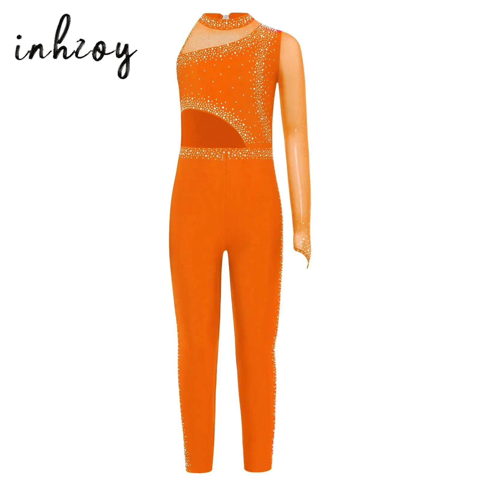 

Kids Girls Gymnastics Figure Ice Skating Dance Jumpsuit Sheer Mesh Patchwork Asymmetrical Sparkly Rhinestones Full Body Leotard