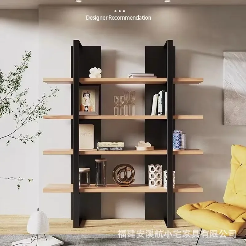 Modern Simple Wrought Iron and Solid Wood Bookshelf Floor to Ceiling Wall Mounted Multi Layer Storage Display Rack for Living