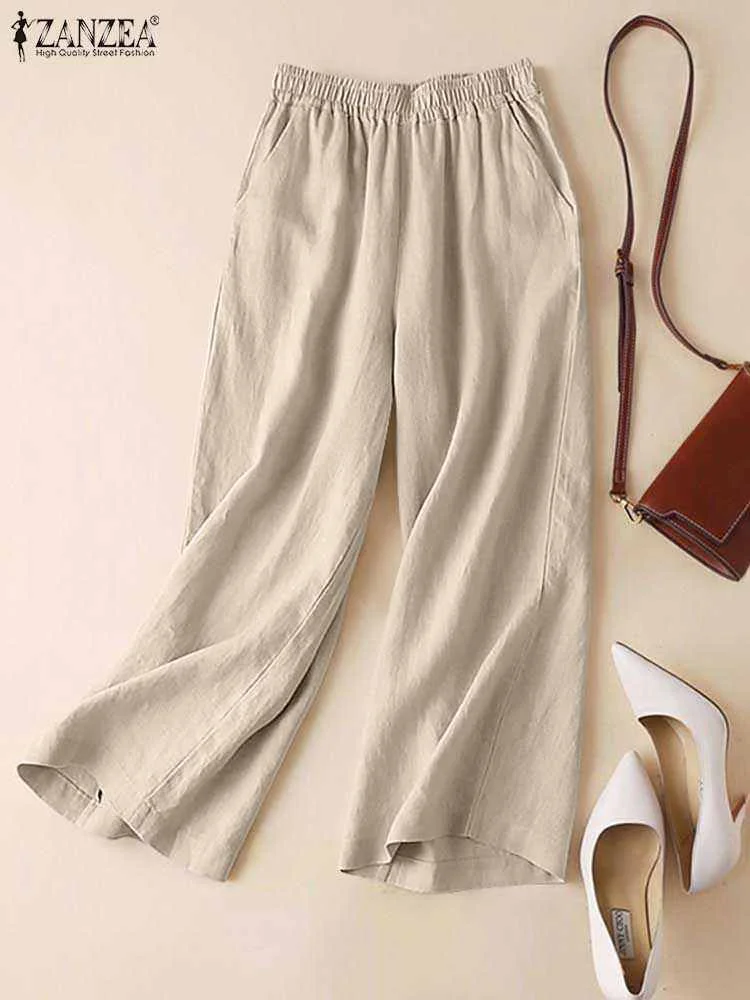Zanzea Frauen Sommerhose Baumwolle elastische Taille Weitbein Hose lässig helles Farbpalazzo Alltag Langes Pantalon 2024