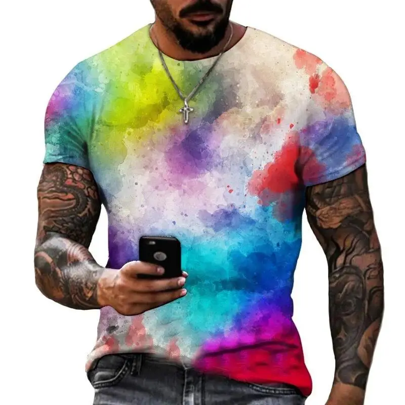 Herren 3D-Volldruck-T-Shirt Buntes Abstraktes Ölgemälde Splash Rundhals Casual Sommer Street Top – Detail 4
