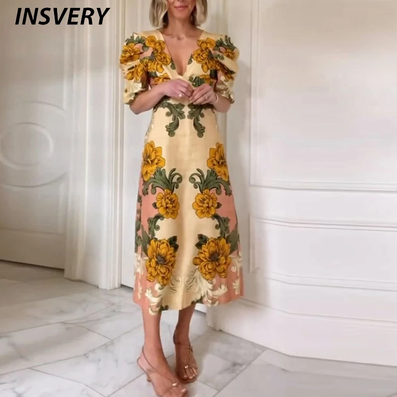 Elegancka Sukienka na Imprezę Damska Letnia Dekolt V Krótki Rękaw Linia A Kwiatowy Nadruk Długa Sukienka Damska Plażowa Wakacyjna Vestidos Boho