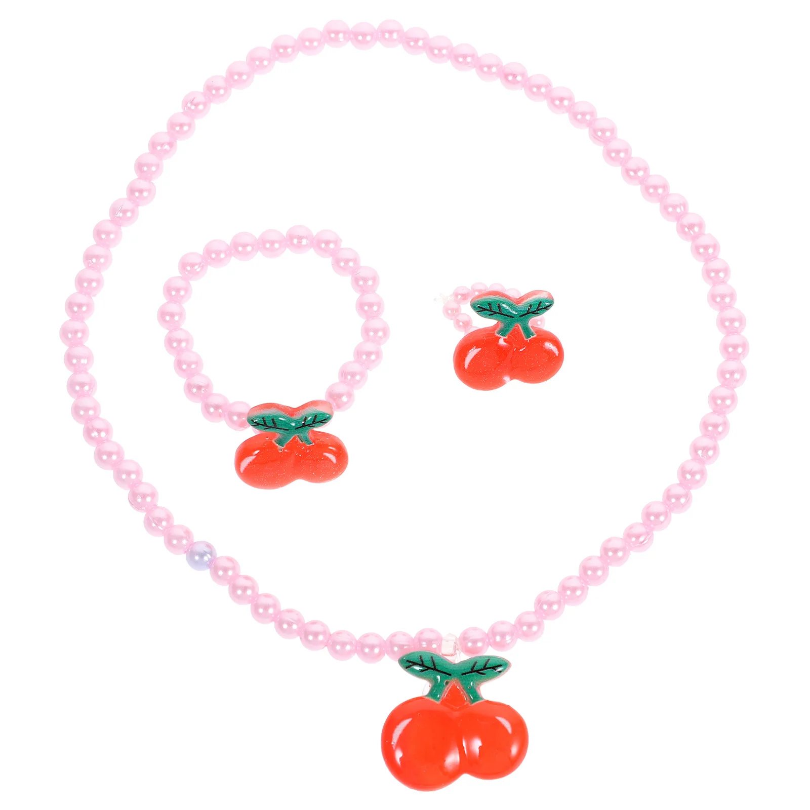 3Pcs Cherry Pendant Necklace Kids Pearl Jewelry Pink Imitation Pearls Durable Glossy Strong Strand Perfect for Birthday Wedding