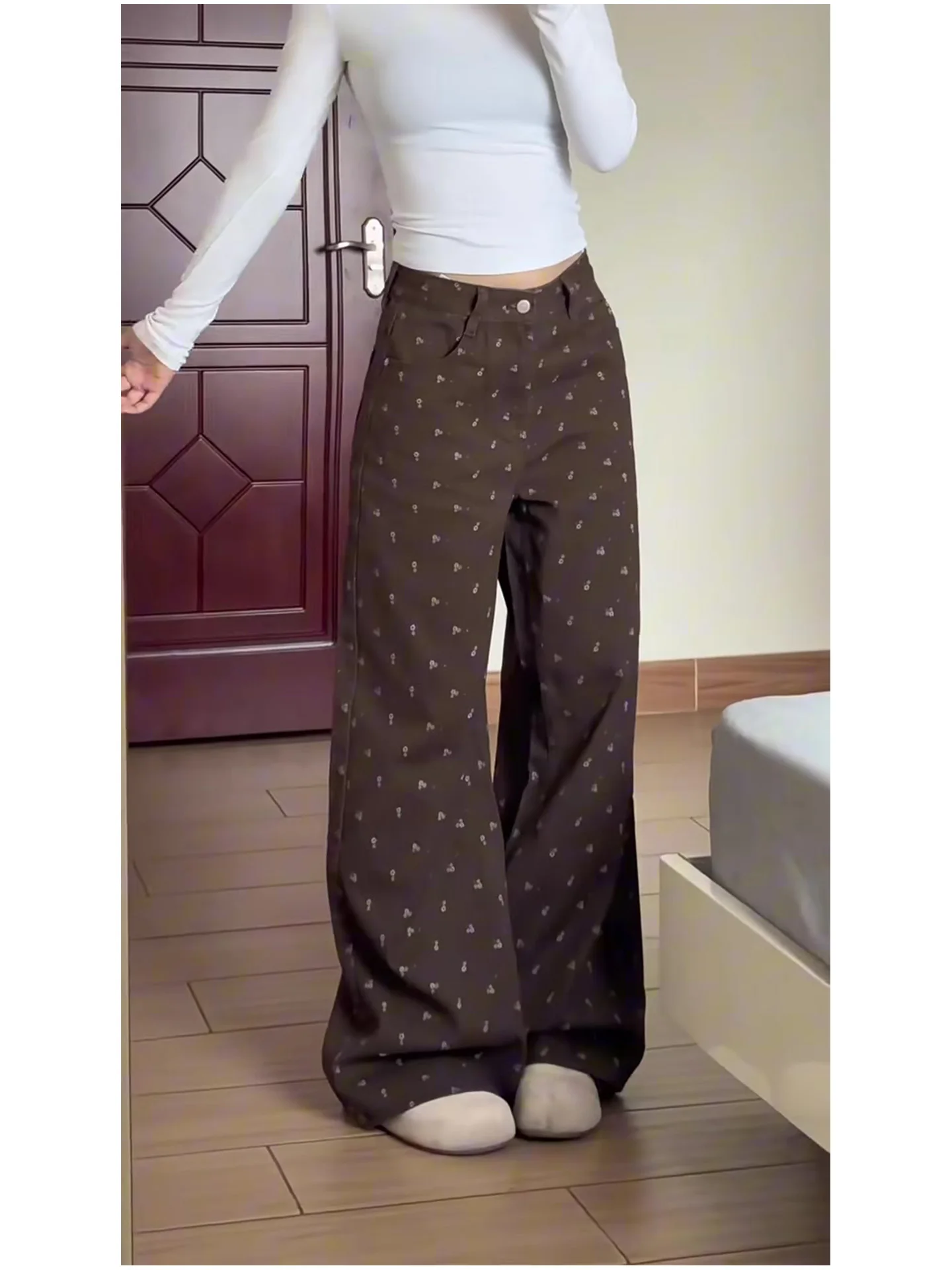 High Waist Floral Print a Brown Denim Jeans Women's Winter New High Street Slimming Long Leggings American Sle Waed