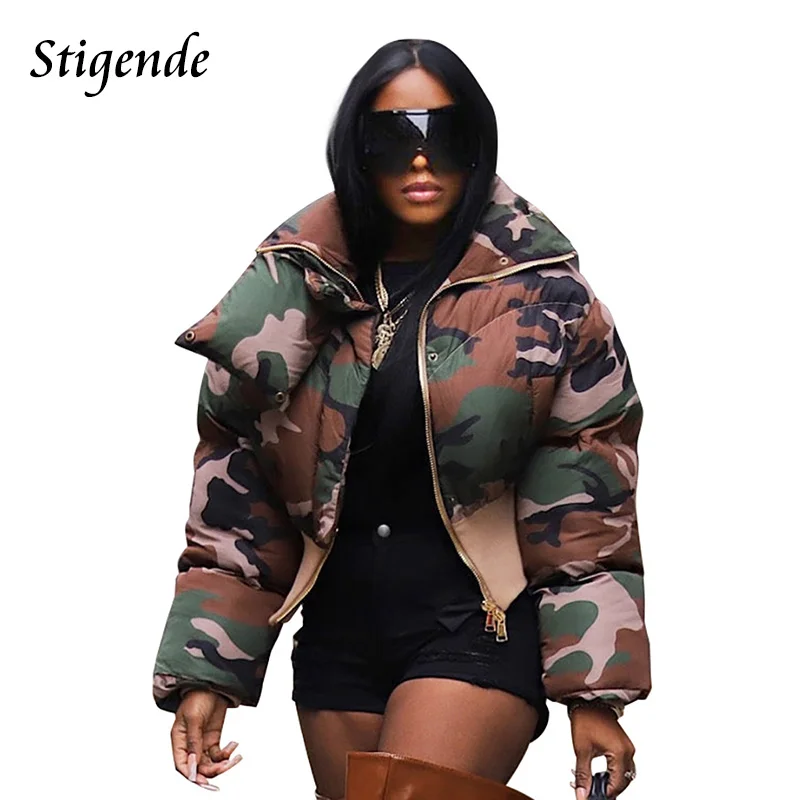 Stigende-Chaqueta Parka acolchada de camuflaje para mujer, abrigo recortado con cuello alto y cintura elástica