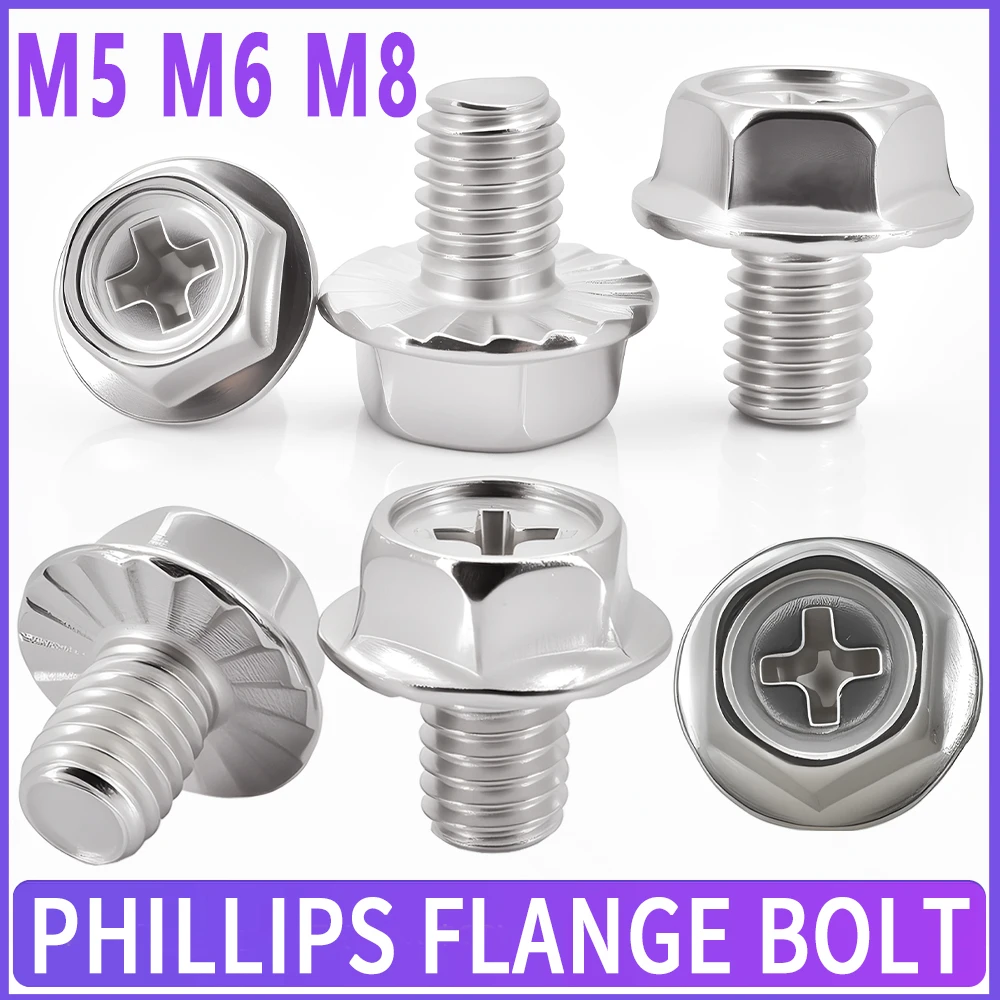 304 Stainless Steel M5 M6 M8 Cross Flange Screw Outer Hexagon Anti-slip Bolts Metric Hex Head with Serrated Flange Washer Screws