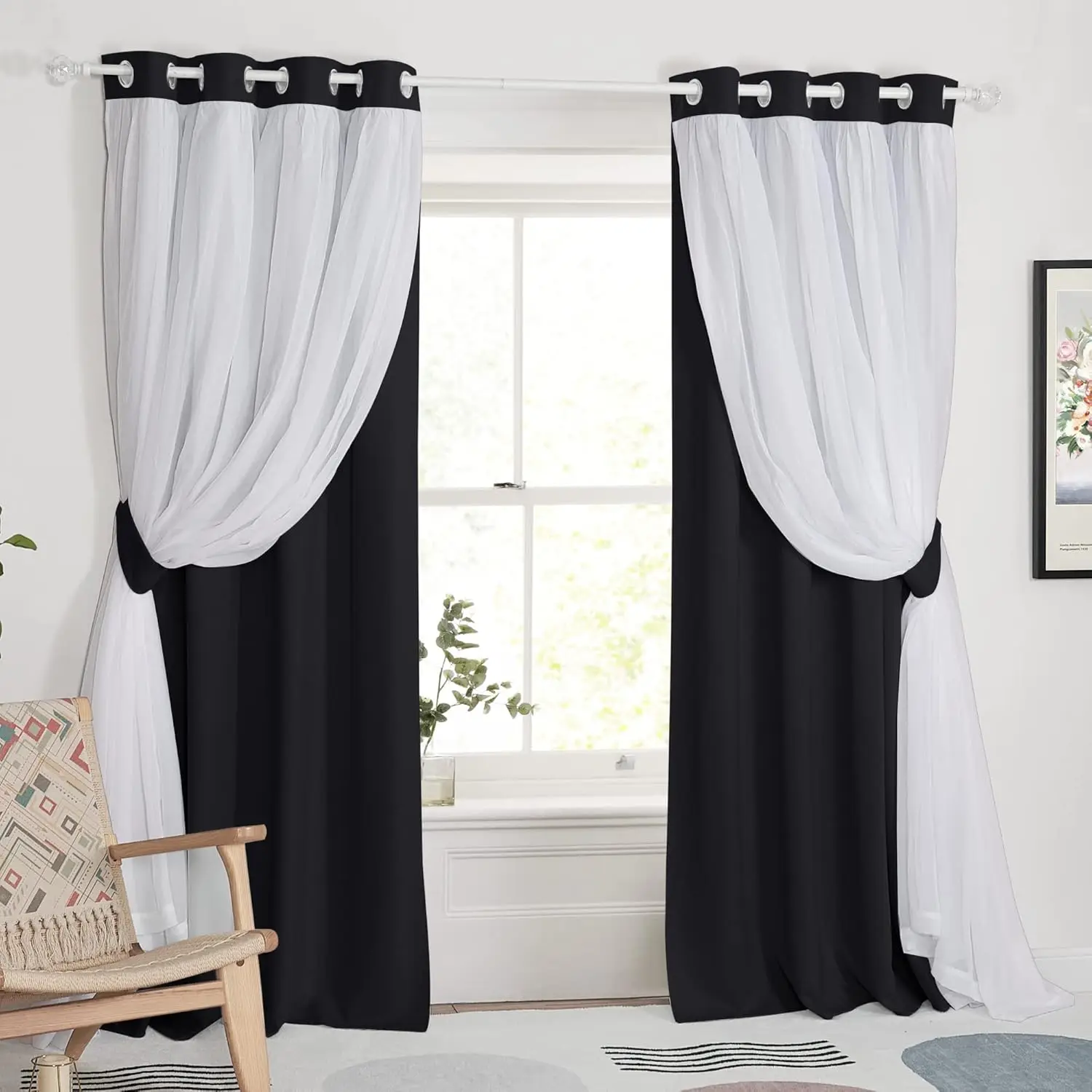 

Blackout Curtains for Bedroom - Double Layered Decorative Window Drapery with White Sheers, 52x84 Inches, Set of 2 Panels
