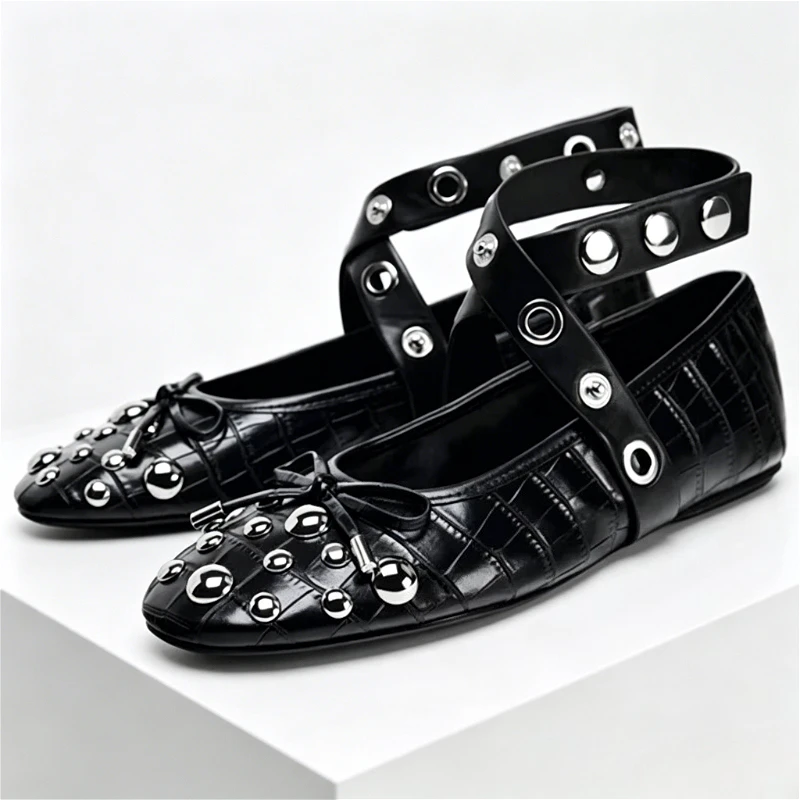 Metal Rivet Butterfly Knot Detail Mary Jane Shoes Women Fashion Round Toe Ankle Strap Punk Flats Luxury Designer Ballet Flats