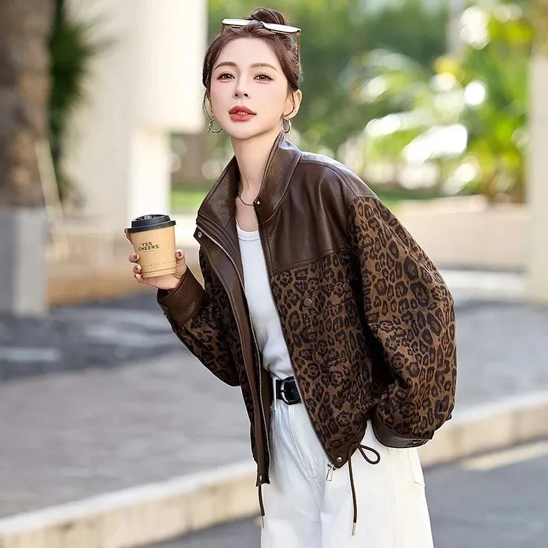 New 2026 Women‘s Fashion Short PU Leather Jacket Leopard Print Stitching Leather Coat Spring Autumn Top Outerwear Female