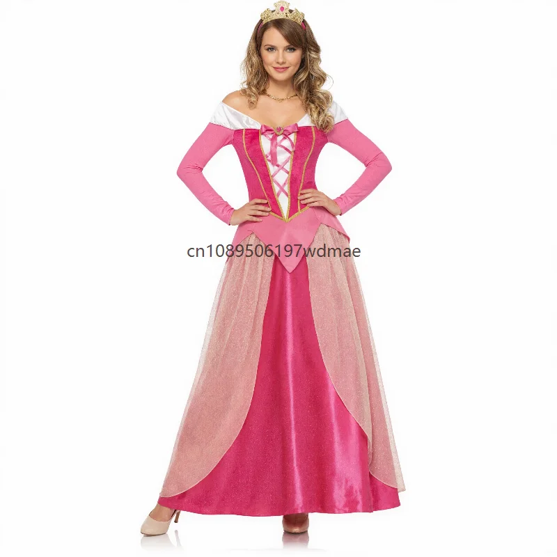 

Women's Pink Princess Dress Off Shoulder Long Sleeve Ball Gown Carnival Costume Cosplay Party Dress with Crown for Adult