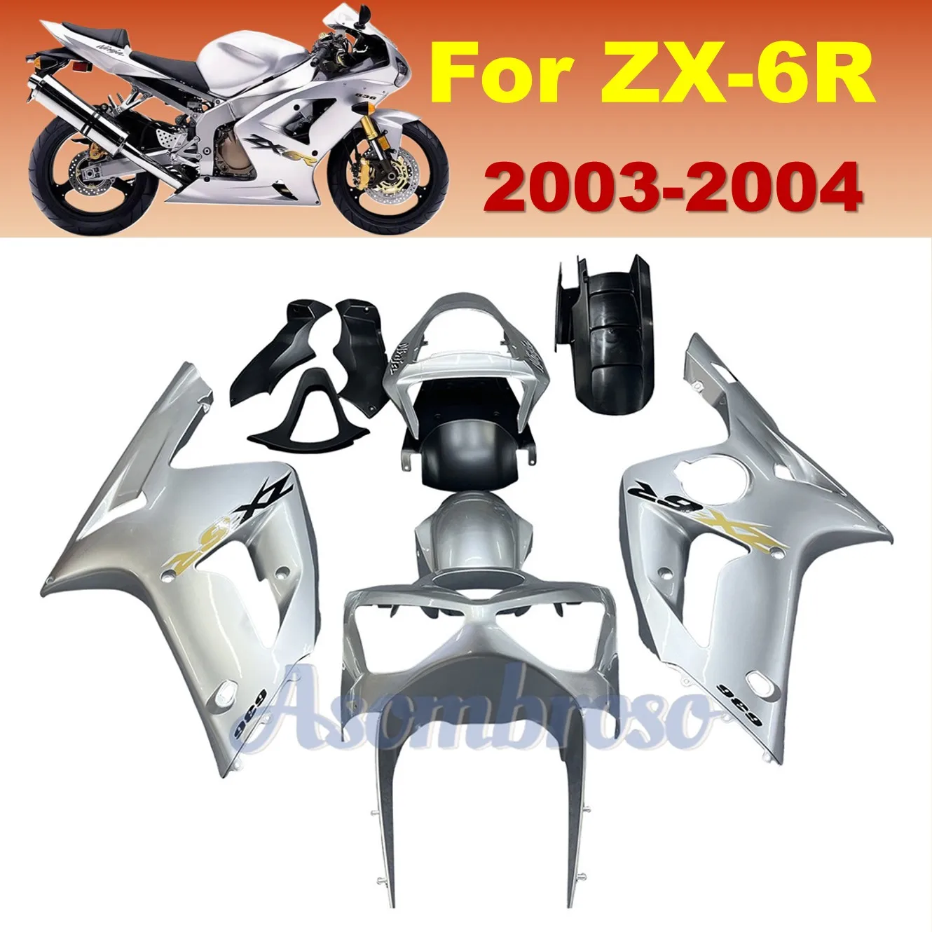 

ABS Fairing kit For KAWASAKI 636 Ninja ZX6R 2004 ZX-6R 2004 ZX 6R 03 04 Replacement Motorcycle Cowl set Metallic Silver
