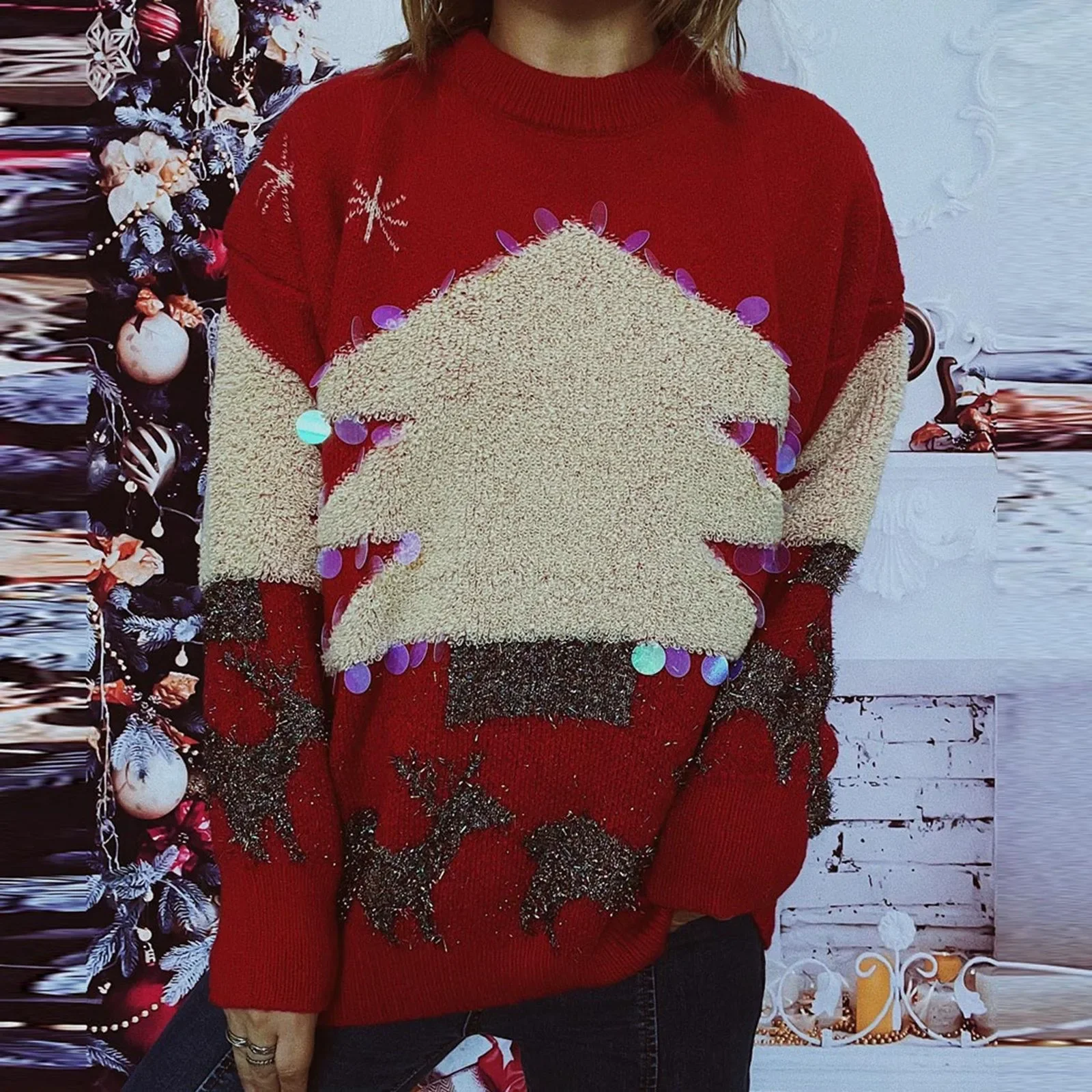 

2024 Holiday Sweater Handmade Sequins Christmas Tree Little Deer Embroidery Sweater Thick Warm Oversized Pullover Sweater