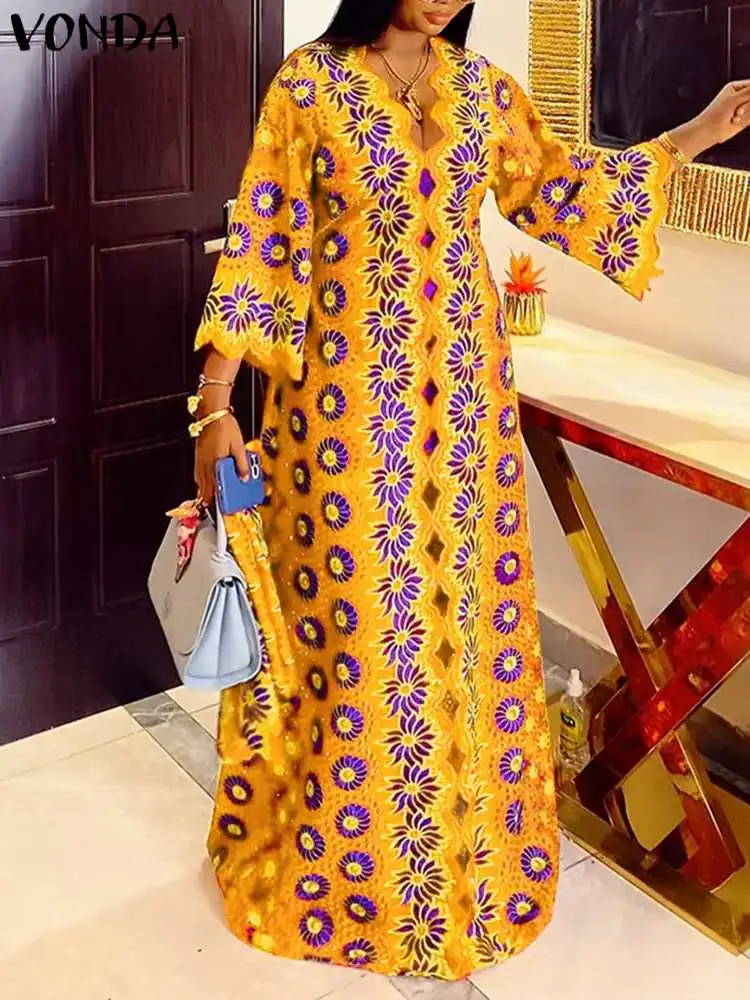 Plus Size 5XL VONDA Bohemian Long Maxi Dress Summer Printed Party Dress Women Vintage Sundress V Neck 3/4 Sleeve Casual Vestidos