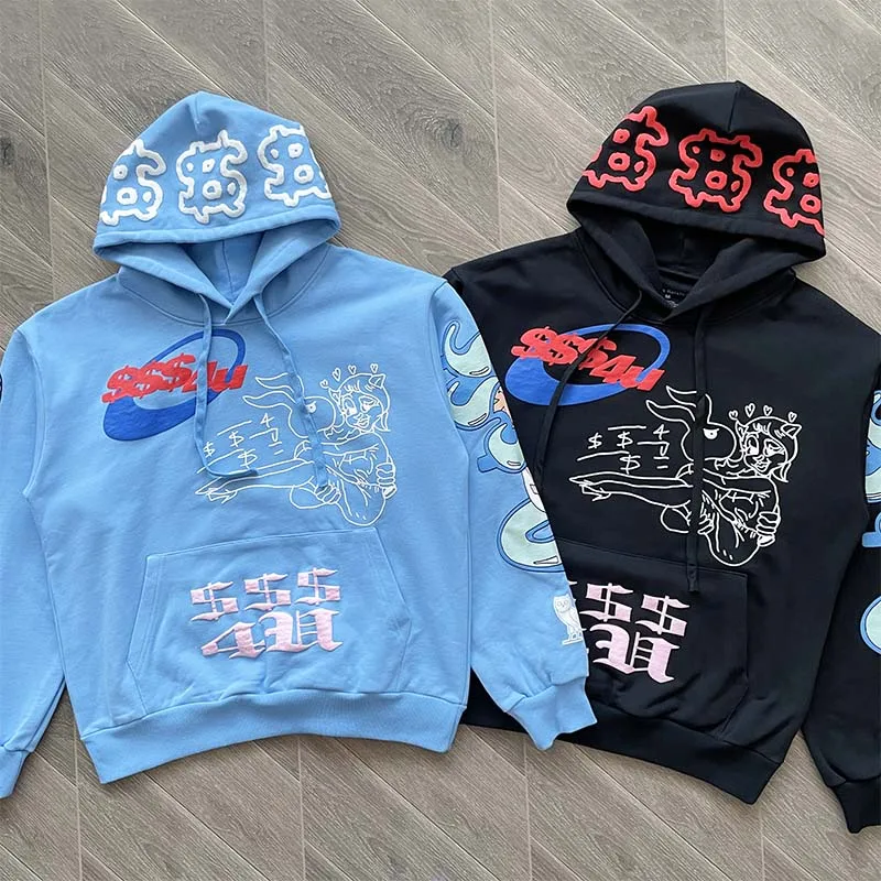 

DRAKE RELATED Cartoon Rabbit Foamed Print Hoodie Youth Faion Cotton Long Sve Sweatirt with ket for Men