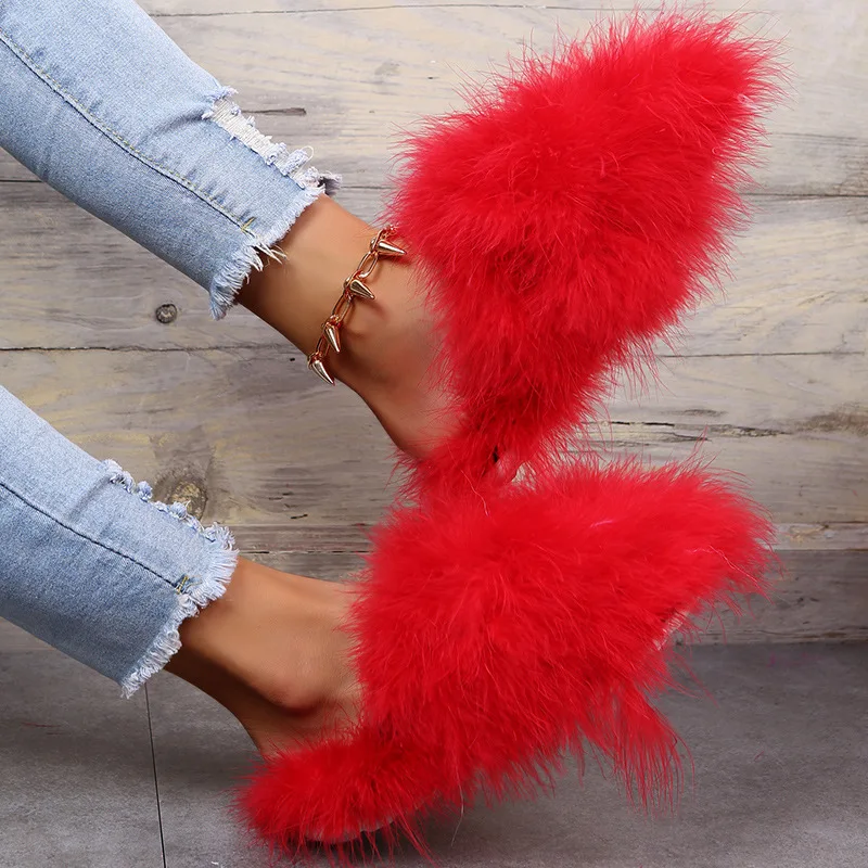 Hot Sale Fur Slippers Women Fashion Casual Shoes Round Head Slip-on Mueller Shoes Large Size 42-43 Modern Slippers Ladies