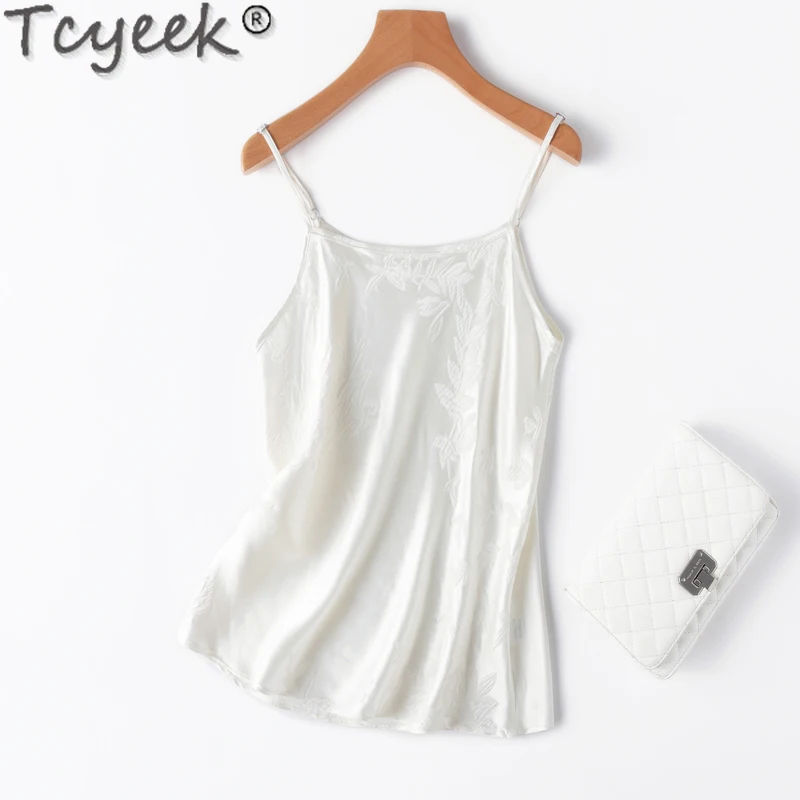 

Tcyeek 50% Mulberry Silk Womens Tops Sexy Camis Summer Top for Women 2024 Solid Color 30mm Real Silk Tops Slim Fit Underwear