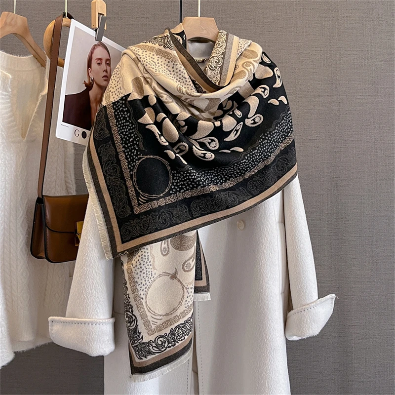 

2025 Luxury Floral Print Scarf for Women Warmer Winter Cashmere Pashmina Scarves Shawls Female Thick Blanket Wraps Foulard