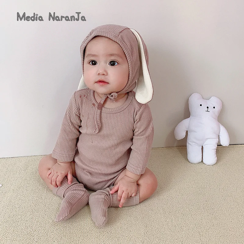 Ins baby clothes Spring autumn rabbit long sleeve infant girl boy sitter toddler hat+bodysuit+socks khaki pink photo props