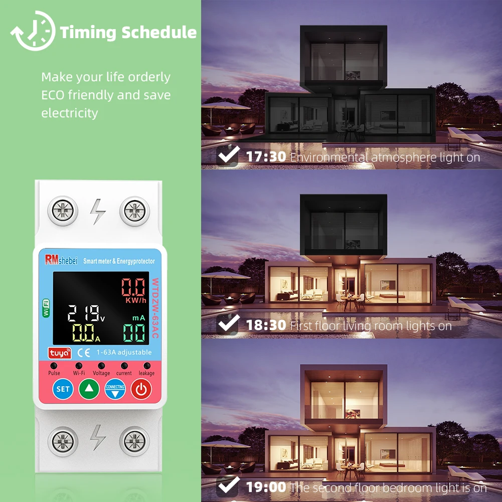 RMshebei Tuya قاطع دائرة WiFi ذكي 220 فولت 2P 63A جهاز تحكم عن بعد إعادة إغلاق تلقائي للجهد الزائد حماية من التسرب الزائد #5
