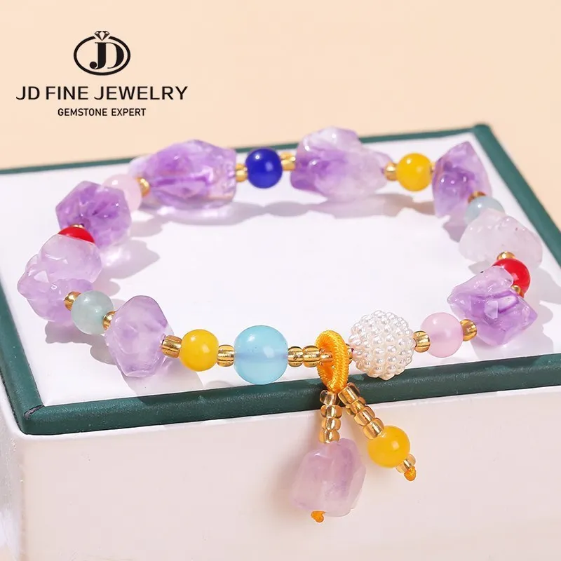 Jd Naturstein unregelmäßigen Amethyst mehrfarbigen Steins trang Armband Frauen Bohe Stil rauen Kristall Heilung Handgelenk Schmuck