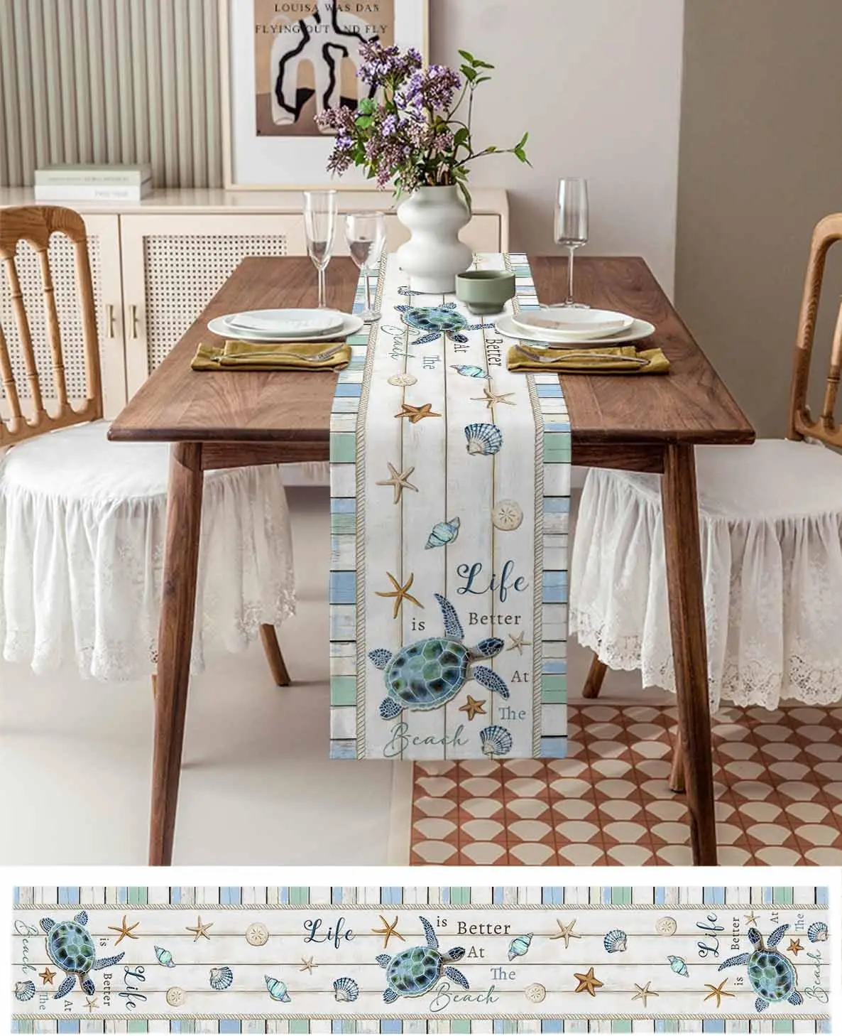 Ocean Life Turtle Starfish Shell Linen Table Runner Holiday Party Decor Summer Beach Wood Grain Table Runners Dining Table Decor