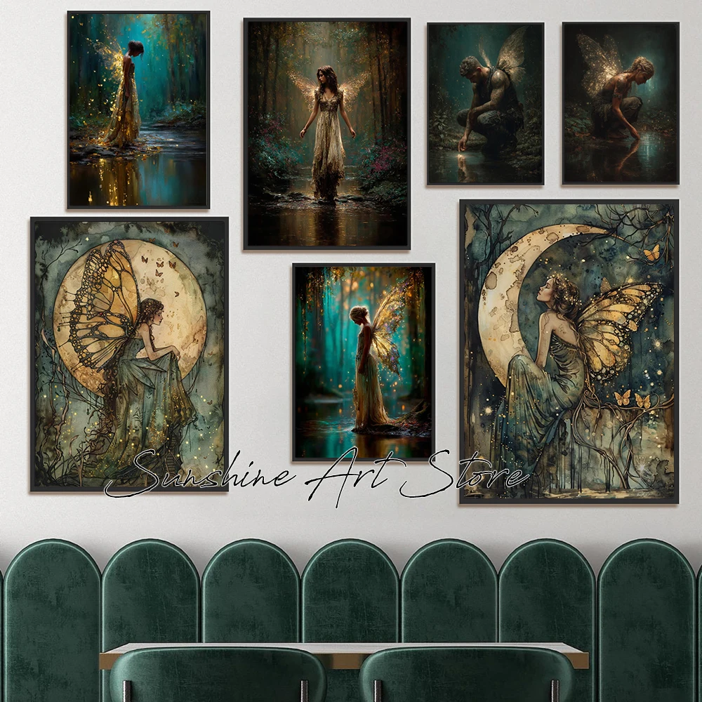 Forest Fairy Tattered Gold Wings Wall Art Teal Fantasy Enchanted Moonlit Woodland Poster Canvas Painting Wall Picture Home Decor