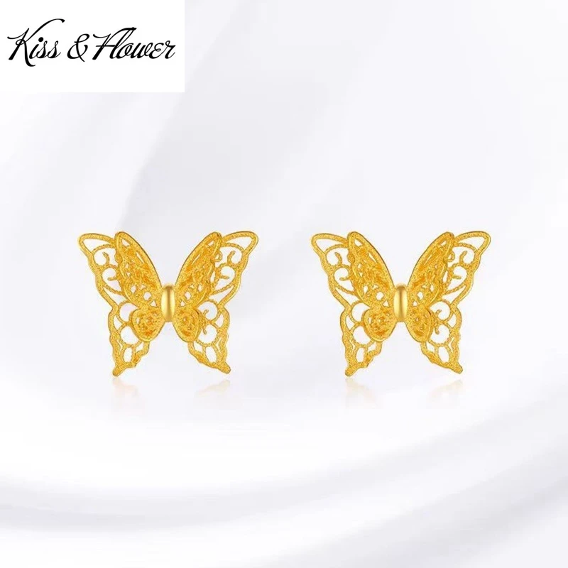 KISS & FLOWER-pendientes de tuerca de mariposa Vintage para mujer, joyería fina, venta al por mayor, fiesta de boda, novia, regalo ER442, oro de 24KT