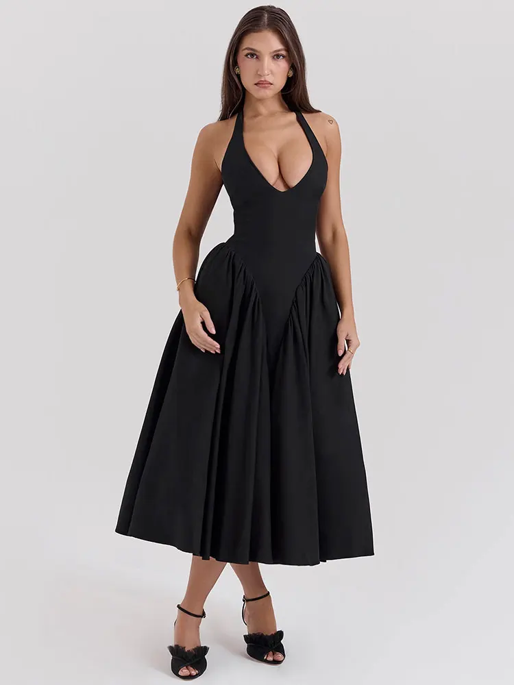Gacvga dupla camada halter sexy midi vestido longo para as mulheres verão elegante plissado sem costas clube festa vestido de noite