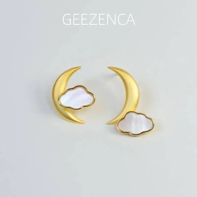 

GEEZENCA S925 Silver Moon White Mother of Pearl Cloud AB Asymmetric Earrings For Women 18K Gold Designer Chic Earring 2023 New