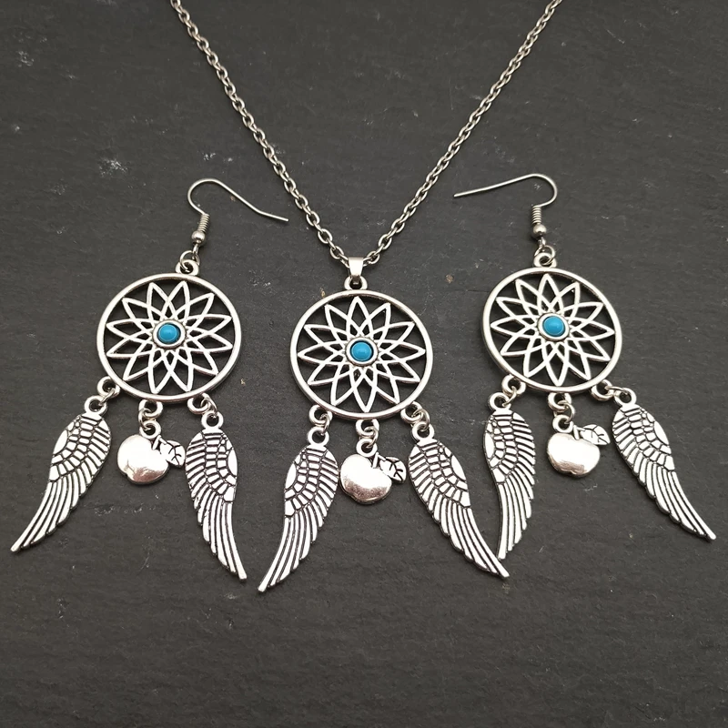 Retro Fashion Dream Catcher Necklace Set Rose Wings Charm Gift for Women To Pray for Asylum Cute Apple Pendant