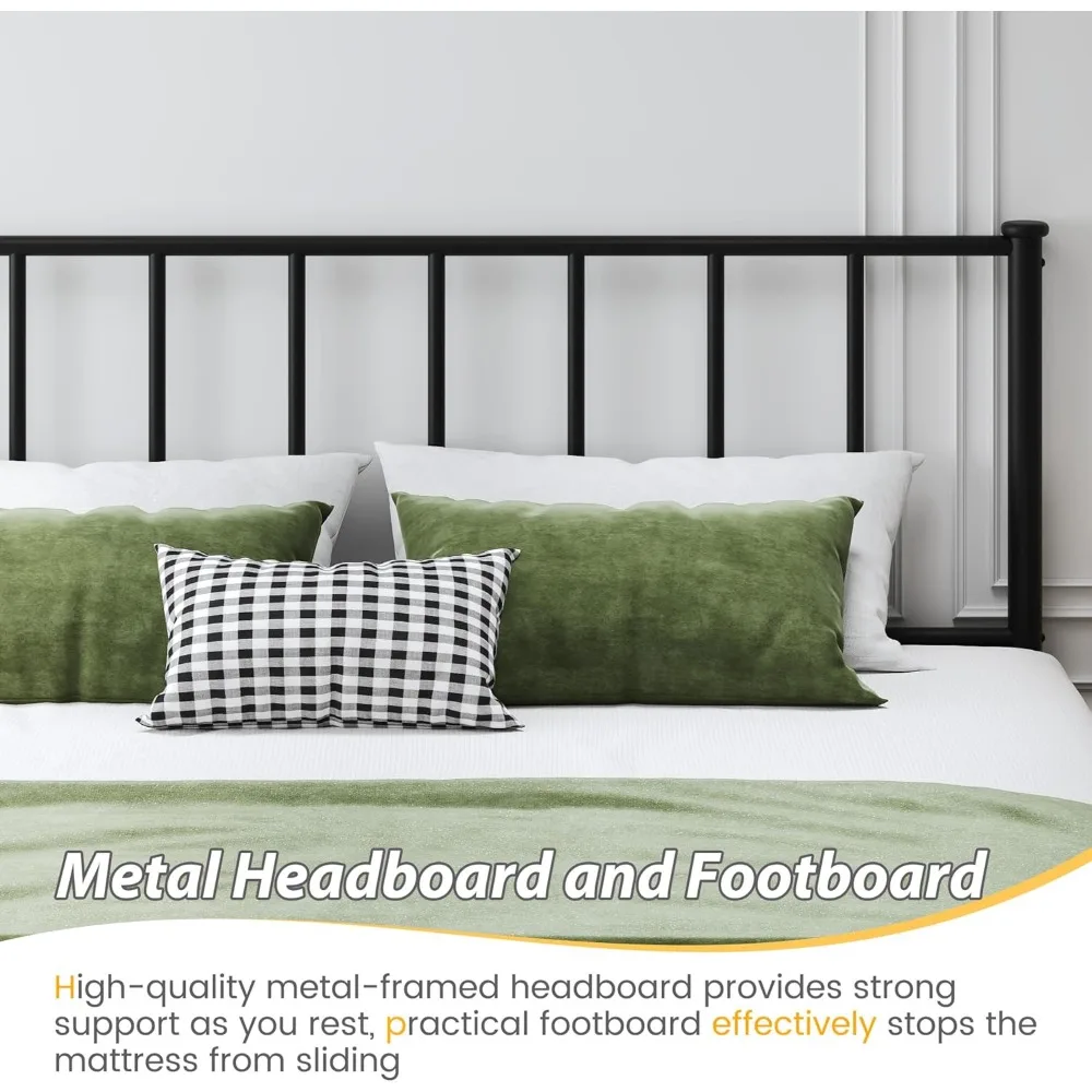 إطار سرير كوين مع لوح أمامي ولوح للقدمين، إطار سرير بمنصة معدنية، دعم جميع الشرائح المعدنية، تخزين تحت السرير، بدون صندوق Sprin