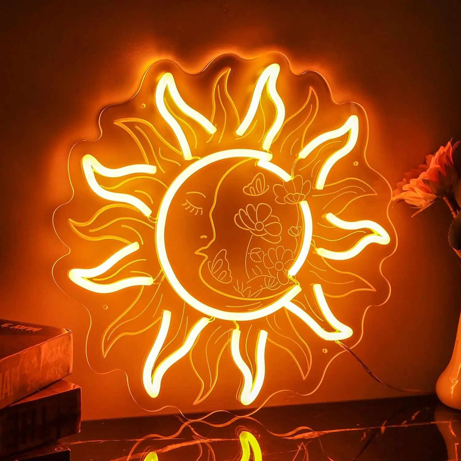 

Burning Sun Moon Flower Neon Sign Retro Vintage Boho Aesthetic Home Room Decor LED Light Hippy Hippie Wall Art Bedroom Man Cave