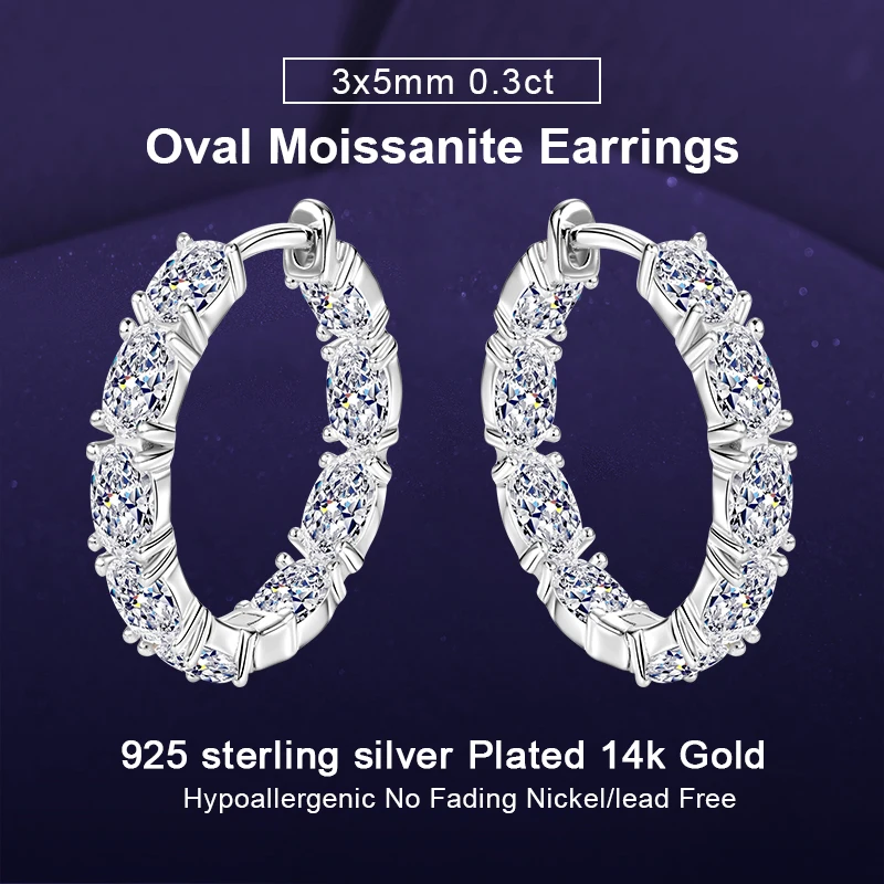 

IOGOU 3x5mm Oval Cut Moissanite Diamond Hoop Earrings for Women 925 Sterling Silver D2.70CT Row Earrings Luxury Jewelry 2025 New