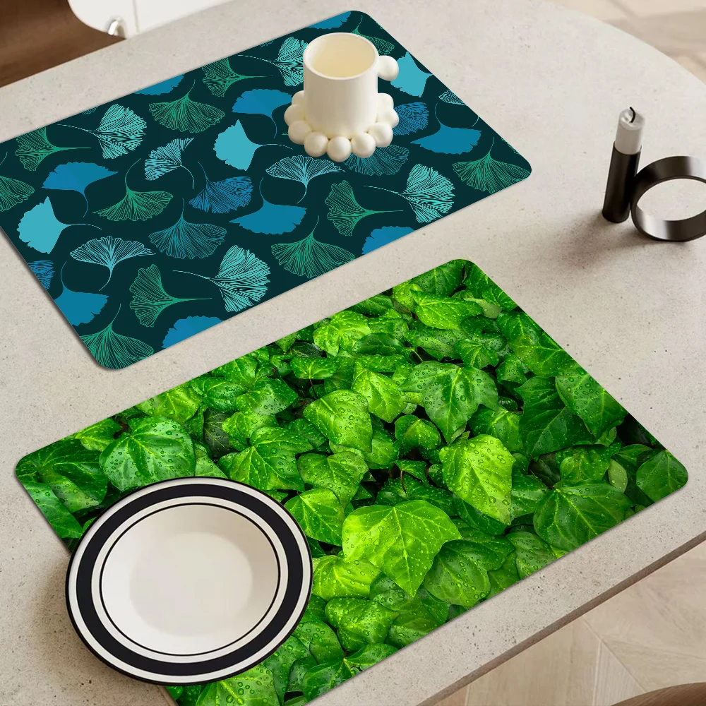 Green Leaf Pattern Coffee Dish Quick Drying Kitchen Absorbent Drained Placemat For Table Bathroom Kitchen Draining Pads