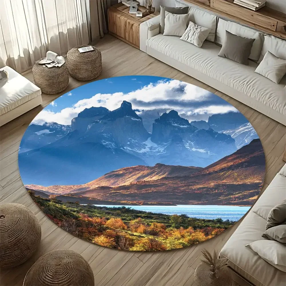 Round Alpine View Pattern Flannel Rug Printed Design Outdoor Nature Decor Soft Anti Slip Carpet For Living Room And Relaxation