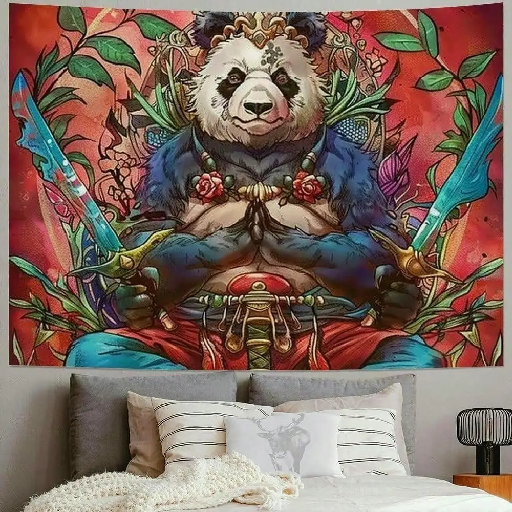 Panda Warrior Tapestry - Samurai Bear Wall Hanging, Fantasy Martial Arts Art, Zen Room Decor, Multiple Sizes