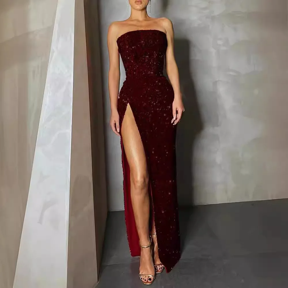 Sexy Wrap Chest Split Dr Sparkling vestido de noche largo cintura media No Sve verano mujer Faion Color brillante Dr