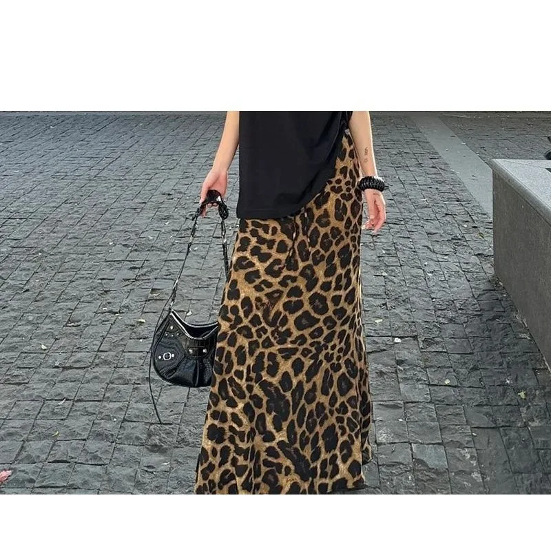 American retro Spice Girl Leopard print skirt women's design high waist dress