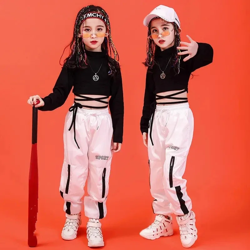 

Costume girl Summer Chidren Hip Hop Clothing Cotton Black Long Sleeve Crop Tshirt White Polyester Pant 2 Pcs Streetwear Suit